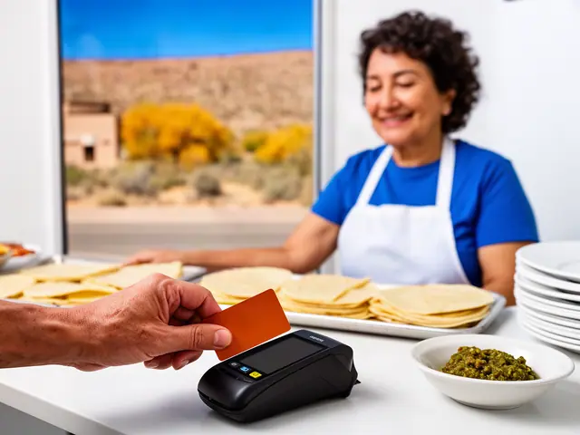 A customer taps a card on a counter terminal at a small burrito and breakfast counter.